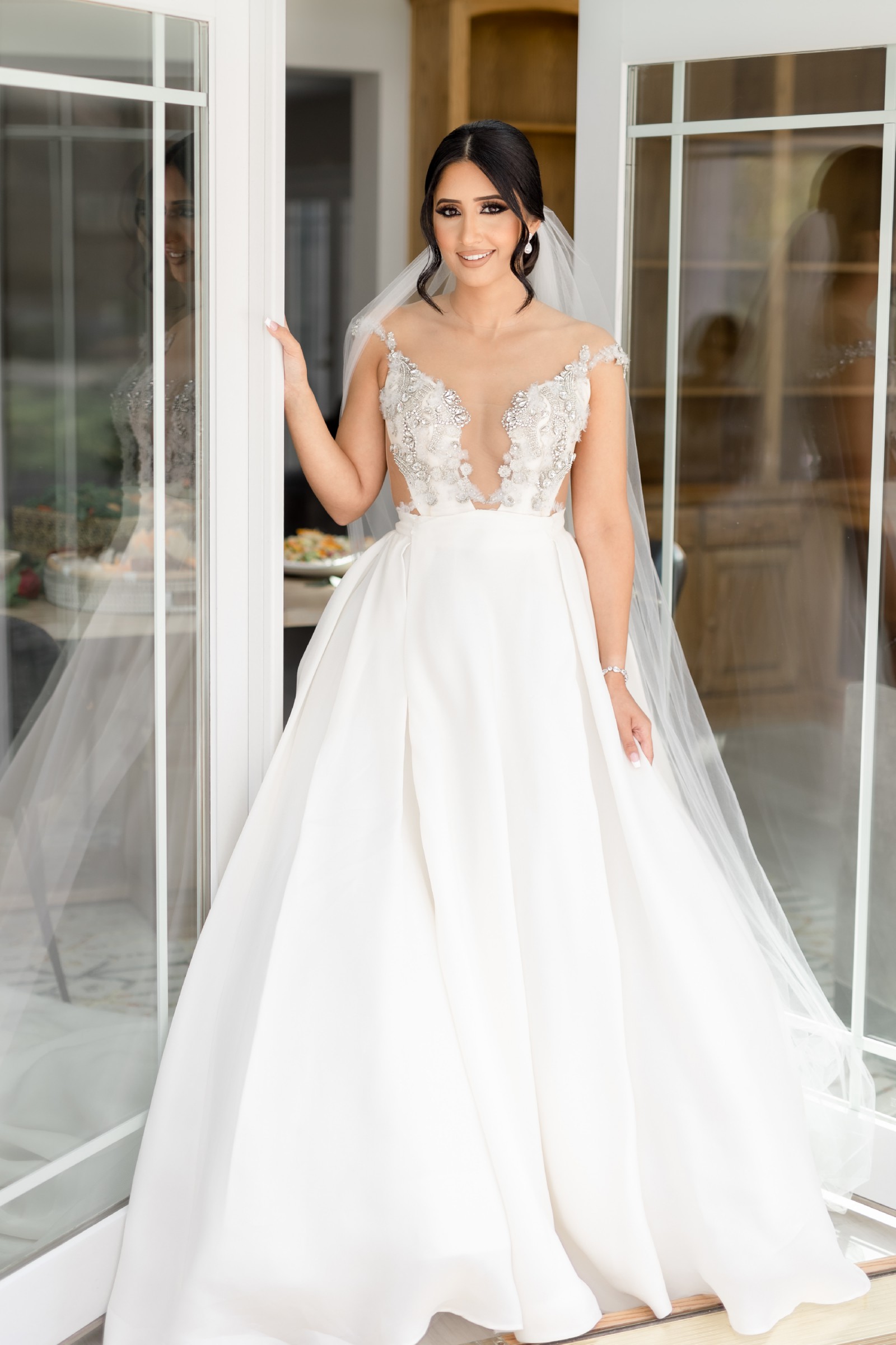 off the shoulder beaded empire waist wedding ball gown