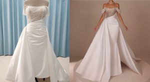 strapless off the shoulder beaded bodice wedding gown with over skirt inspired by sadek majed for Christina Davis 2025