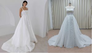 sleeveless a-line flower beaded replica wedding gown with shoulder straps inspired by the Jasmine dress for Claire Pieper from Alena Leena Bridal by Darius Cordell